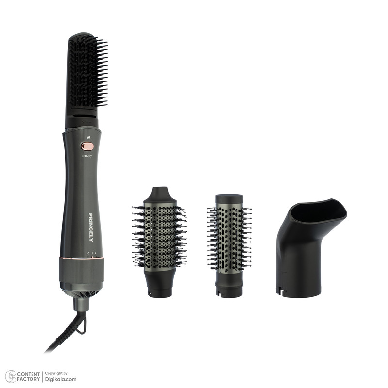 سشوار برسدار حالتدهنده پرنسلی مدل PR331AT با موتور DC، توان 240 وات، تنظیمات دما یک حالته، تنظیم سرعت دو سرعته، سری صافکننده، همراه با سری شانهدار، برس گرد پهن، برس تخت، متمرکزکننده پهن، سری دندانهدار و کیف نگهدارنده