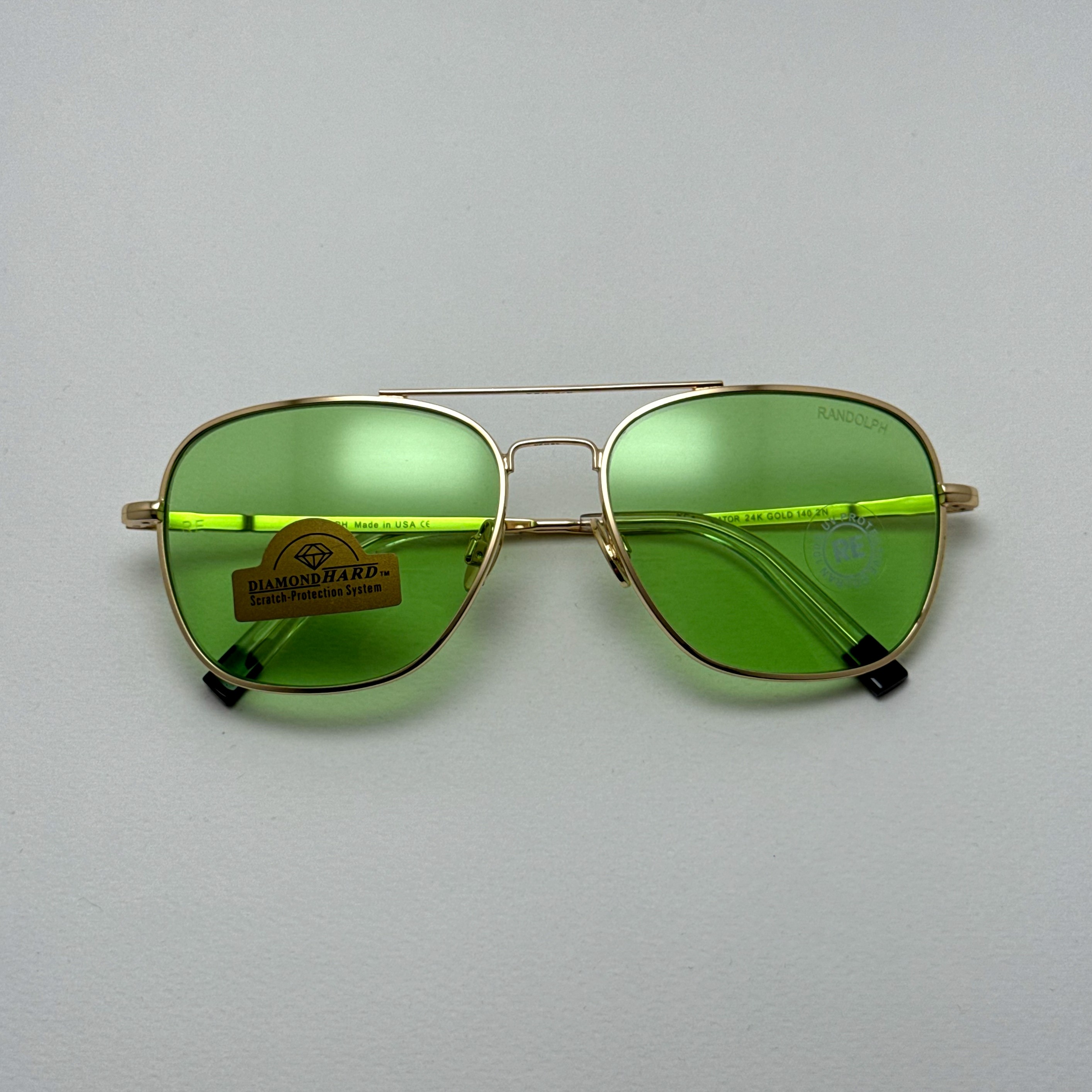 عینک شب و آفتابی خلبانی رندولف شیشه سنگ سبز فریم طلایی فول پک اصلی RANDOLPH AVIATOR RE 58 24K GOLD