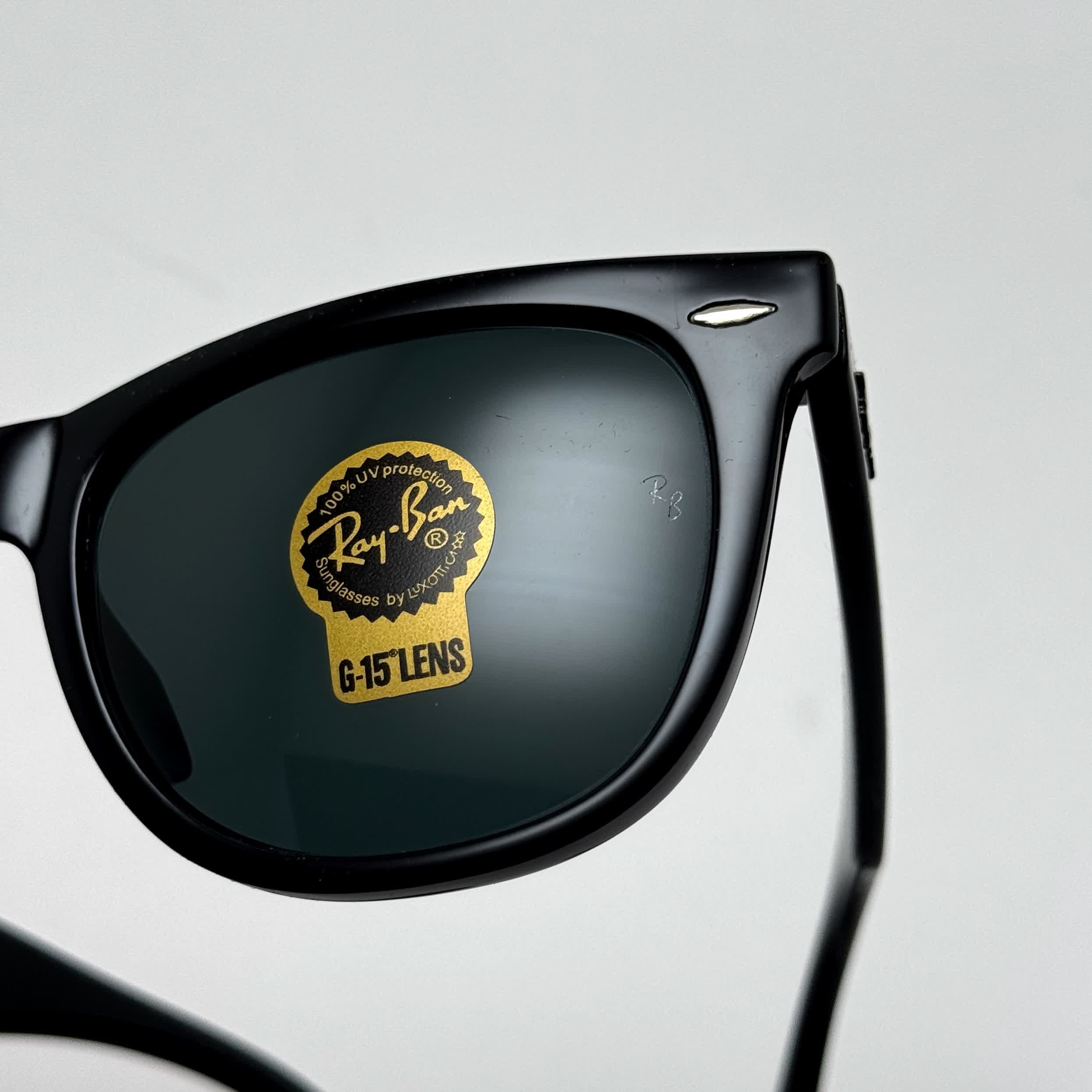 عینک آفتابی ریبن ویفرر شیشه سنگ مشکی براق به همراه پک کامل ریبن Rayban WAYFARER RB 2140 سایز 54