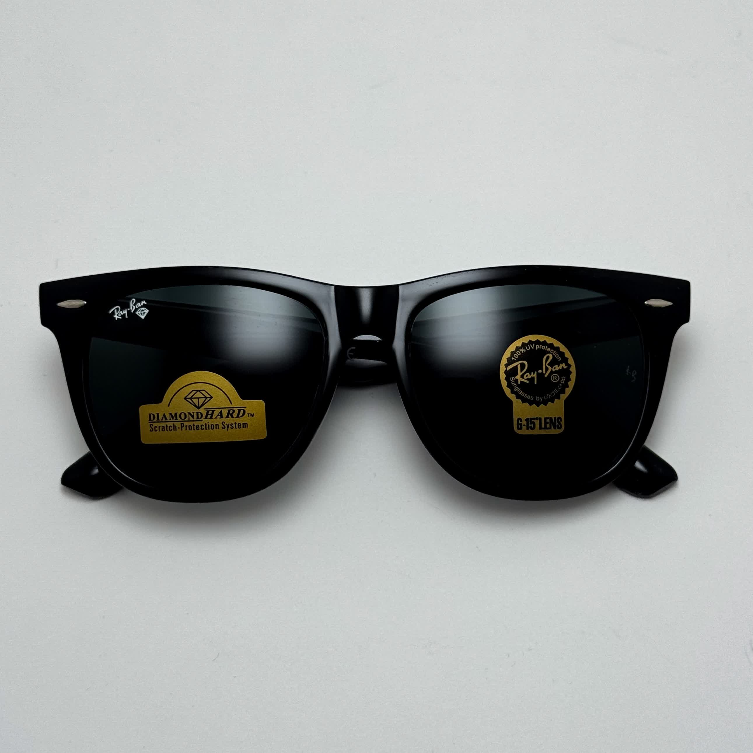 عینک آفتابی ریبن ویفرر شیشه سنگ مشکی براق به همراه پک کامل ریبن Rayban WAYFARER RB 2140 سایز 54