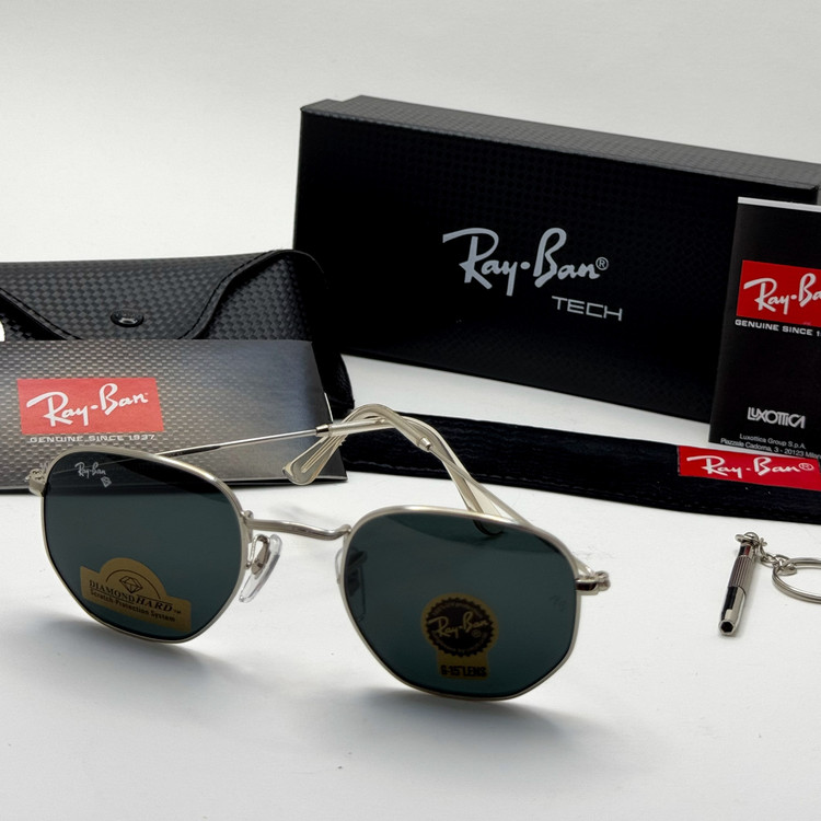 عینک ریبن هگزونال شیشه سنگ مشکی فریم نقره ای به همراه پک کامل ریبن کد Rayban RB 3548