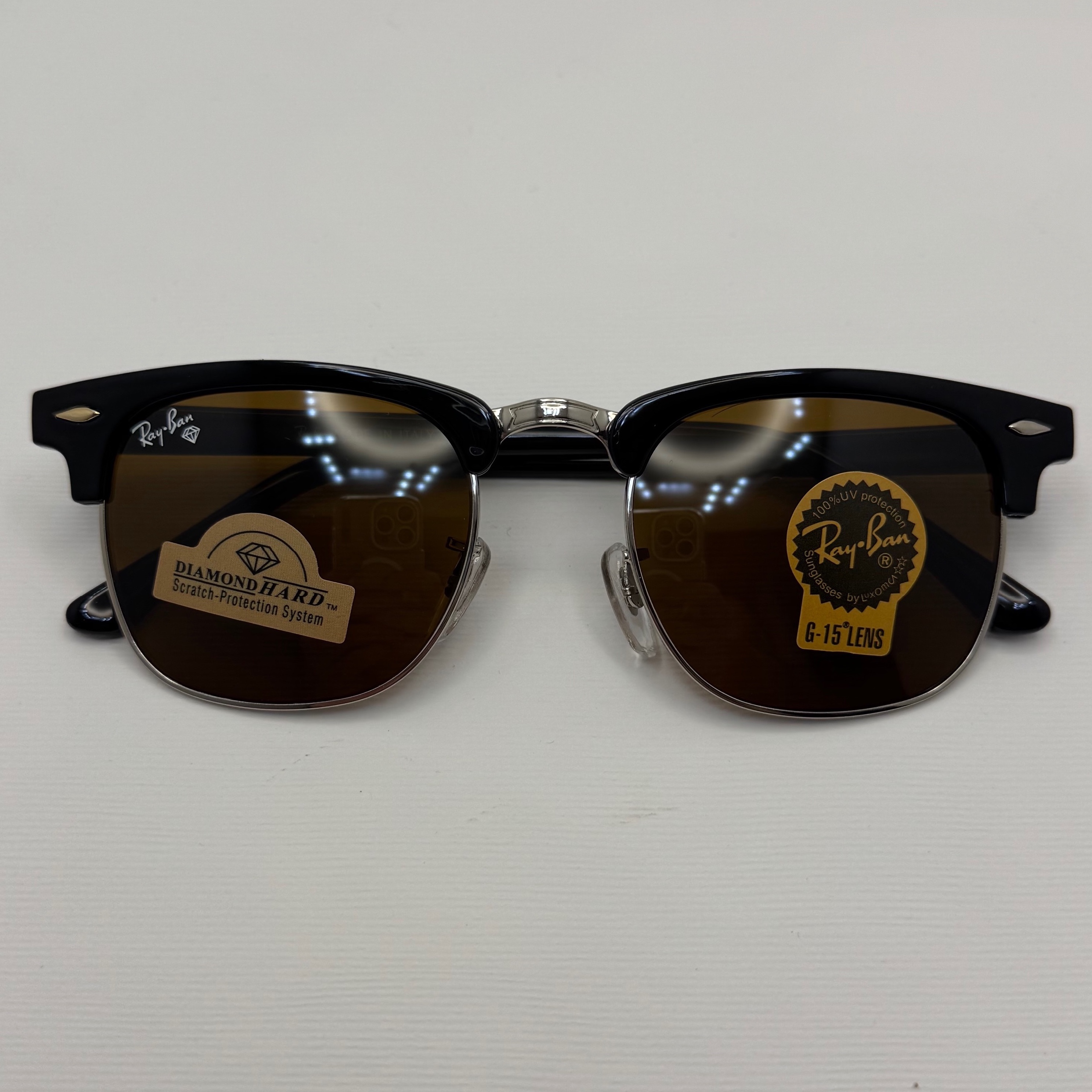 عینک آفتابی ریبن rayban کلاب مستر شیشه سنگ قهوه ای فریم نقره ای rb 3016 به همراه پک کامل