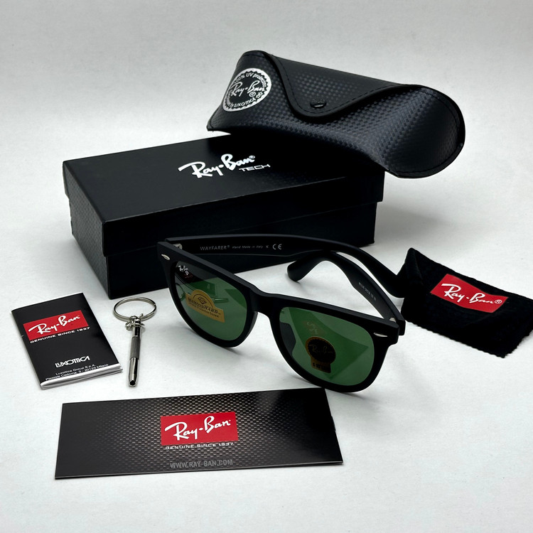 عینک آفتابی ریبن rayban ویفرر شیشه سنگ مشکی مات عدسی سبز سایز 54 به همراه پک کامل اورجینال RB 2140