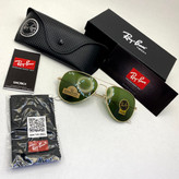 عینک آفتابی خلبانی AVIATOR ریبن rayban شیشه سنگ طلایی سبز سایز 3026 فول پک اورجینال