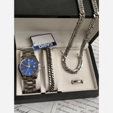 ست ساعت مردونه کاسیو casio صفحه آبی با دستبند و گردنبند کارتیر و حلقه استیل