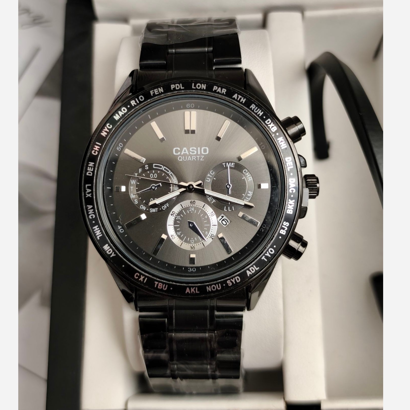 ست ساعت مردانه کاسیو casio مشکی با دستبند بنگل و گردنبند و حلقه