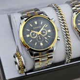 ست ساعت مردونه و زنونه کاسیو casio با دستبند و انگشتر ست صفحه مشکی با بند طلایی نقره ای رنگ ثابت با ارسال رایگان