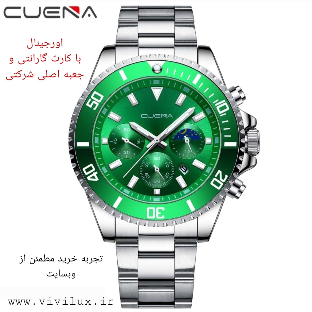 ساعت اورجینال مردانه گارانتی دار زه چرخان برند CUENA با جعبه اصلی شرکتی ساعت ساب مارینر سبز استیل اورجینال مردانه