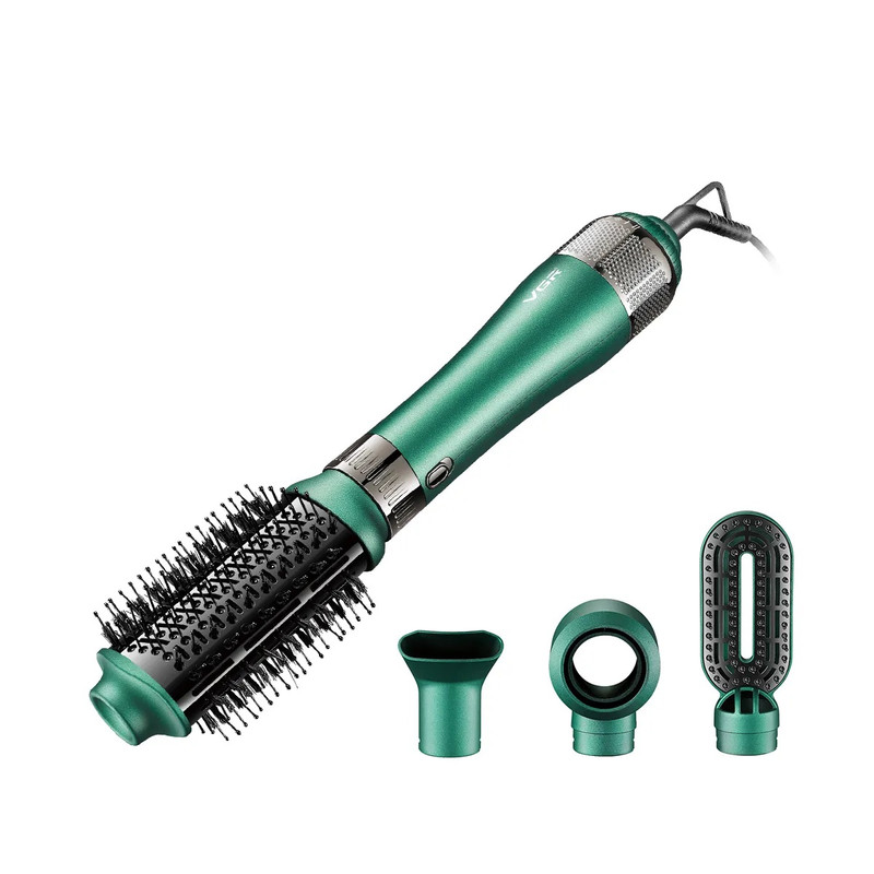 سشوار برسدار حالتدهنده 1000 وات وی جی ار مدل V-493، موتور DC، وزن 300 گرم، المنت سرامیک، دارای سری متمرکزکننده باریک، متمرکزکننده پهن، سری برسدار گرد پهن، سری برسدار تخت با ویژگی صافکنندگی، حجمدهندگی، با قابلیت باد سرد
