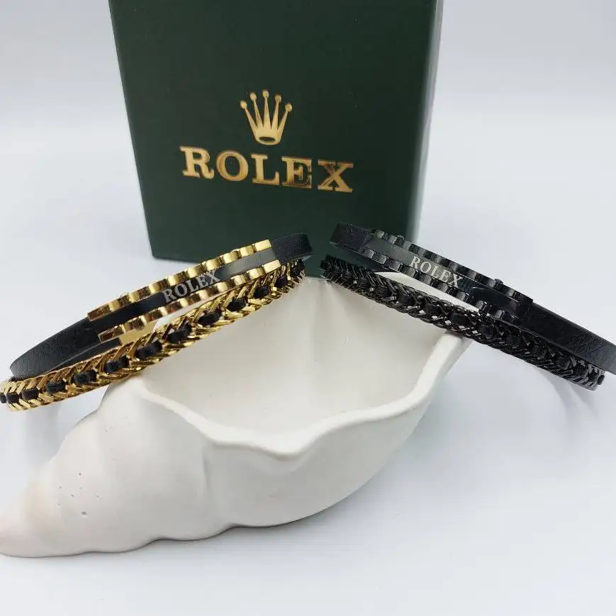 دستبند اسپرت مردانه و پسرانه چرم و پلاک استیل رولکس rolex سه لاین رنگ ثابت کد amp (پس کرایه)