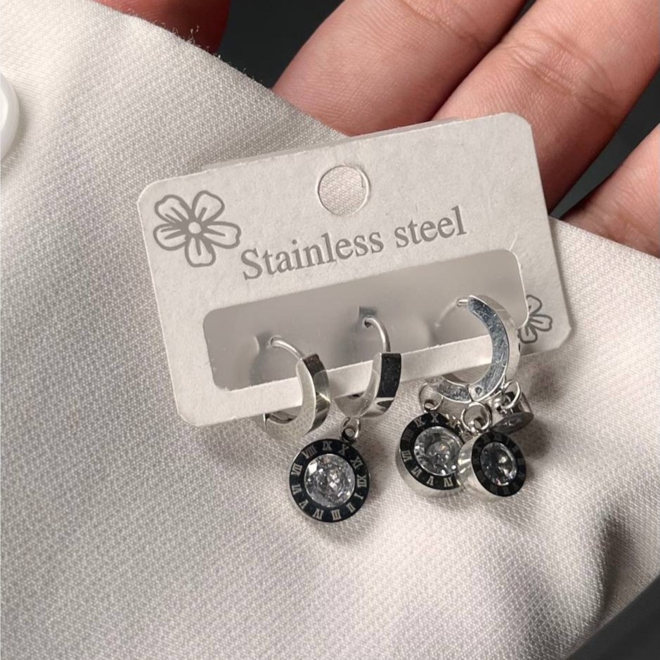 گوشواره استیل زنانه سه عددی طرح آویز نگین سبز تنوع طرح رنگ ثابت کد tk (پس کرایه)