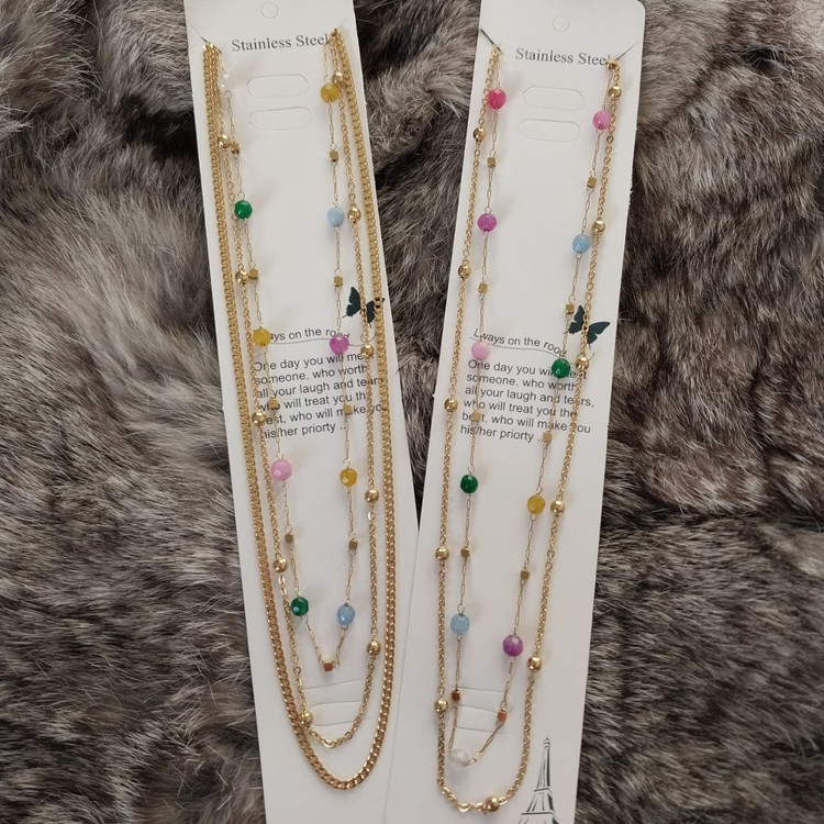 گردنبند استیل زنانه طرح الیزابت و سنگ طبیعی آماتیس سه لاین رنگ ثابت کد as (پس کرایه)