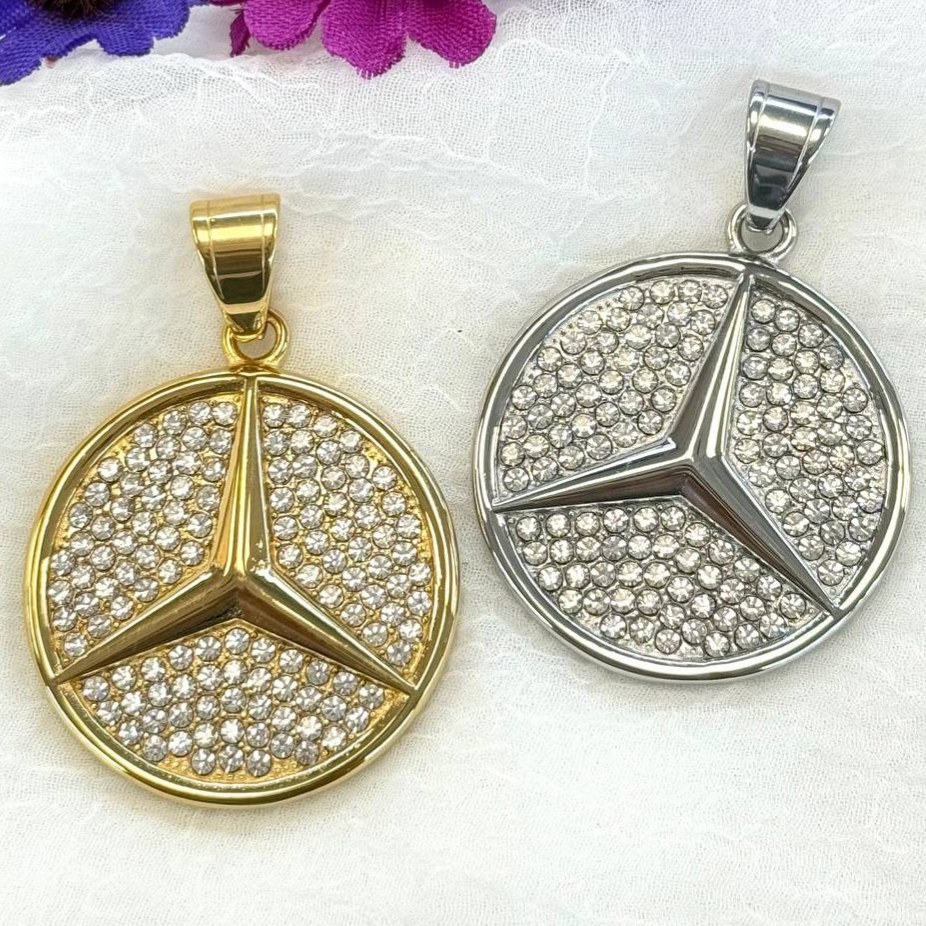 گردنبند و آویز پلاک طرح جواهری طرح آرم بنز فول نگین رنگ ثابت کد sm