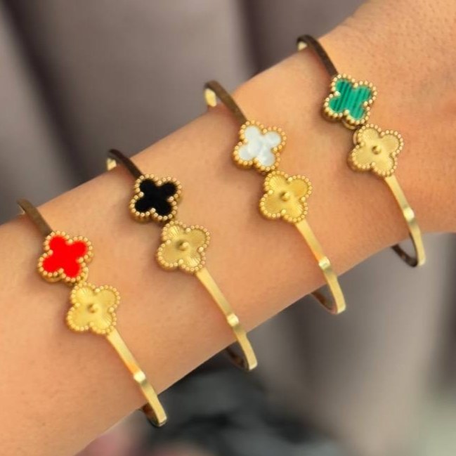 دستبند النگویی و بنگل استیل زنانه طرح گل ونکلیف vancleef نگین دار در تنوع رنگ رنگ ثابت کد sm