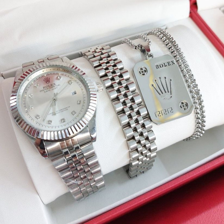 ست مردانه استیل گردنبند و پلاک آویز و دستبند همراه ساعت رولکس rolex در دورنگ کاملا ثابت کد MP