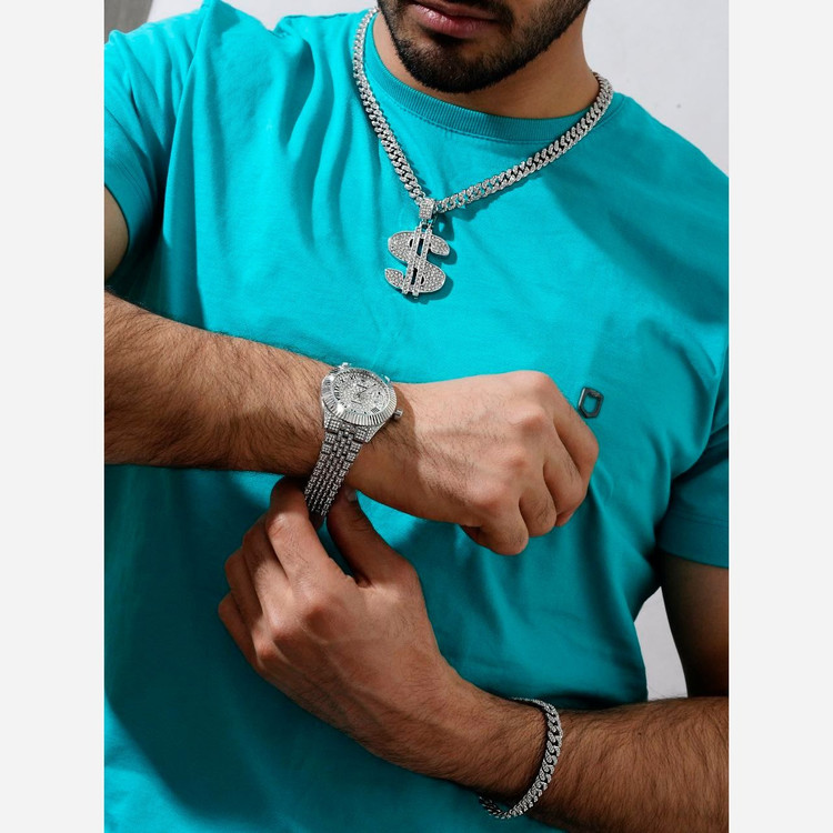 ست ساعت مچی فول نگین همراه گردنبند و دستبند کارتیر و پلاک طرح قلب نگین کاری شده رنگ ثابت کد mp