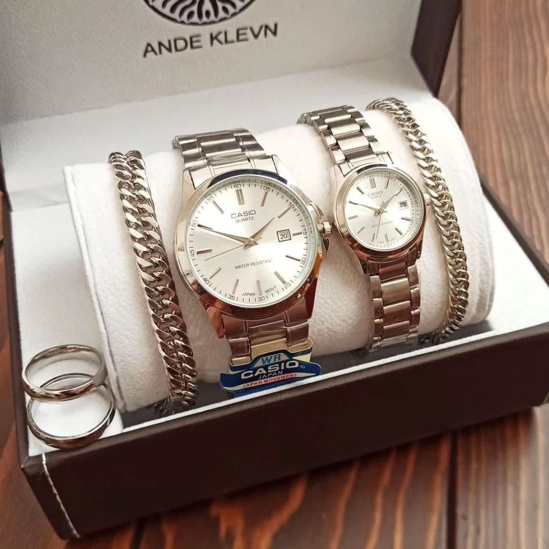ست ساعت زنانه و مردانه زوجی مارک CASIO تقویم دار با دستبند کارتیر و حلقه ست در سه رنگ بندی