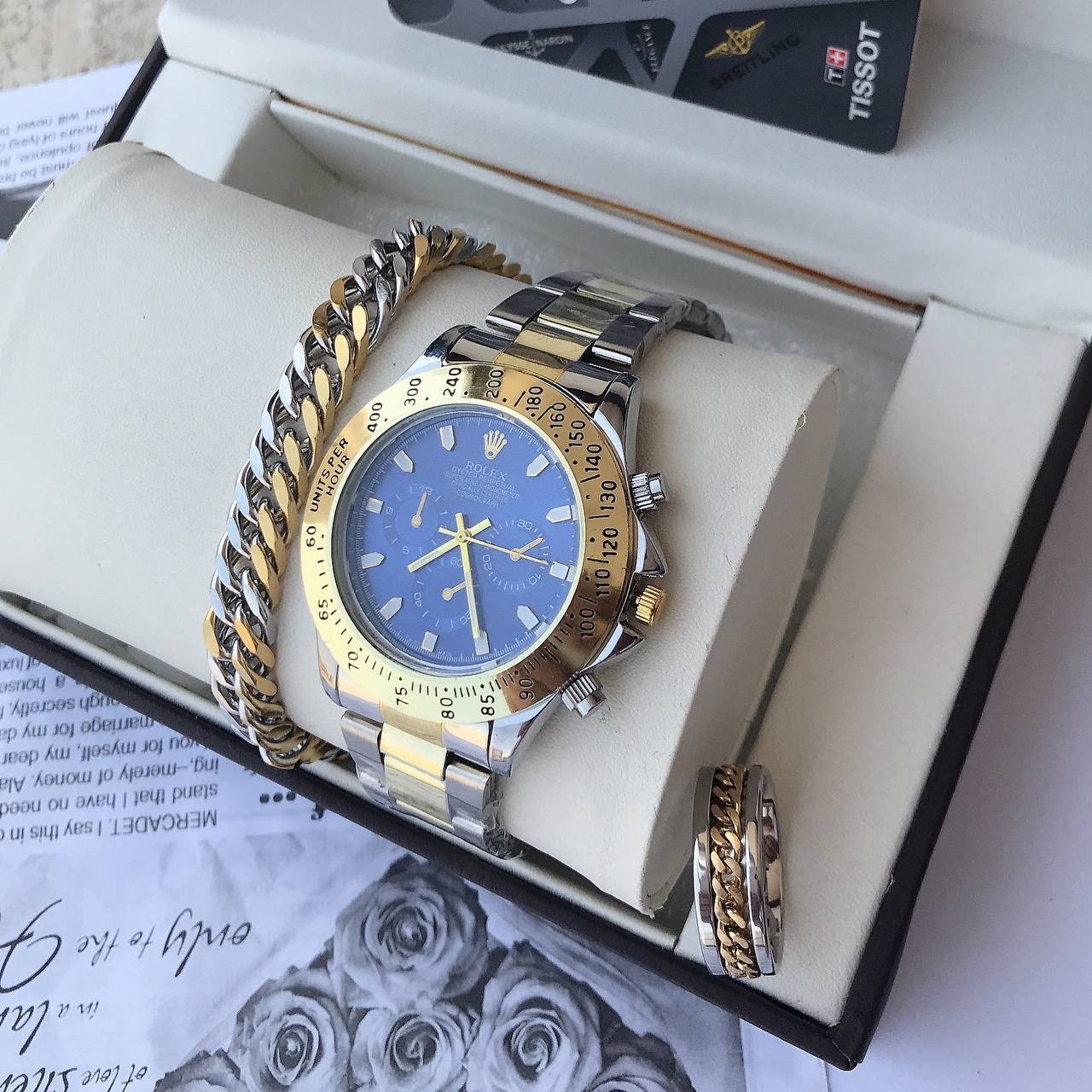 ست ساعت و دستبند و انگشتر مردانه ساعت تاریخدار مارک ROLEX صفحه چرخان