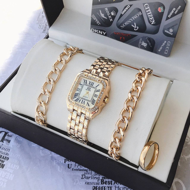 ست ساعت زنانه استیل رنگ ثابت مارک KEINAW دو عدد دستبند کارتیر و حلقه استیل رنگ ثابت کد 270556