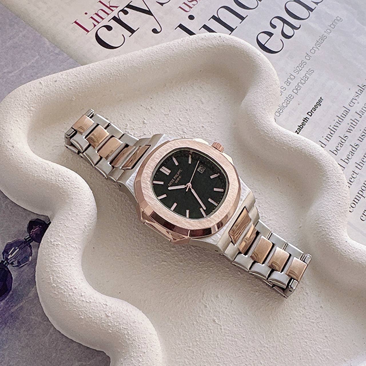 ساعت مچی مردانه هایکپی مارک فیلیپ PATEK PHILIPPE موتور ژاپن فول استیل رنگبندی مشکی و نقره ای رزگلد ارسال رایگان