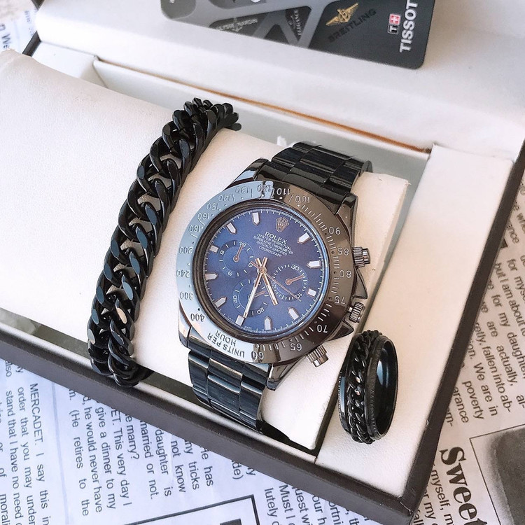 ست ساعت کامل مردانه مشکی مارک رولکس Rolex بهمراه دستبند چرم و حلقه رولکسی ارسال رایگان