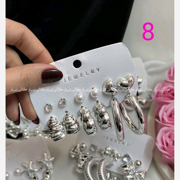 پک گوشواره 6 جفتی آبکاری نقره در 9 طرح