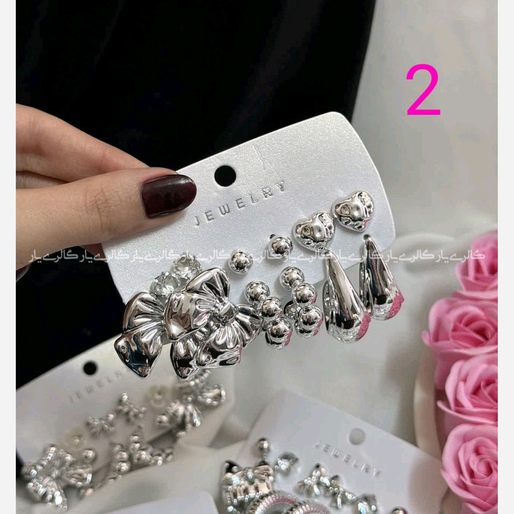 پک گوشواره 6 جفتی آبکاری نقره در 9 طرح