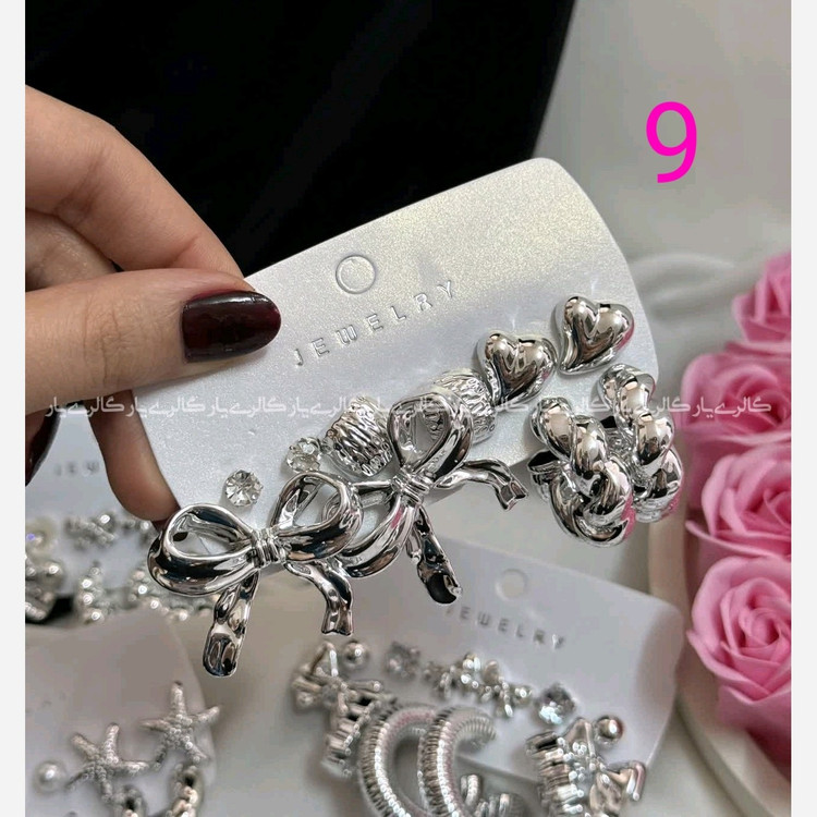 پک گوشواره 6 جفتی آبکاری نقره در 9 طرح