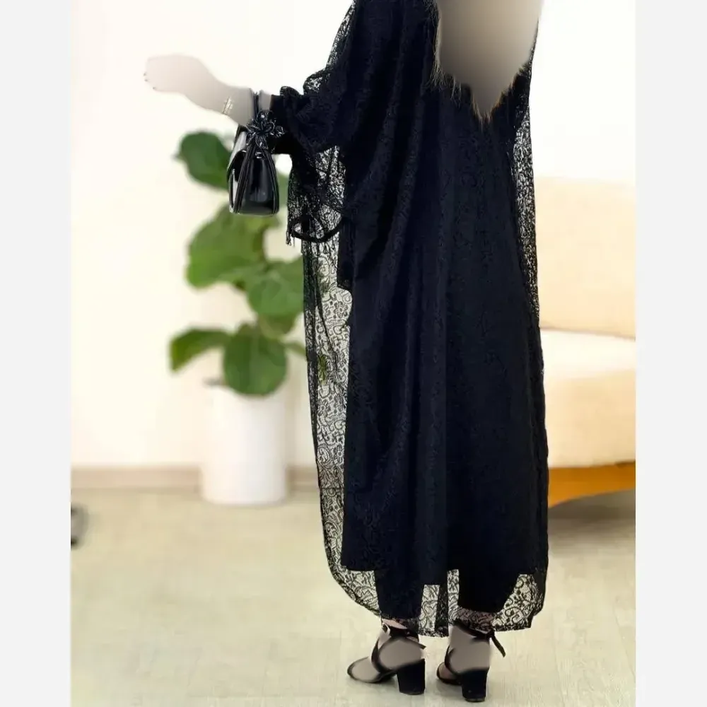ست دانتل سرمه زیره کرپ بوگاتی رویه گیپور رنگ مشکی سایز فری 38 تا 46
