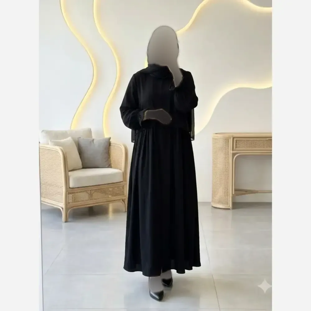 عبا دوتیکه زنانه مدل مهلا جنس الیزه مروارید دوزی شده رنگ مشکی فری سایز
