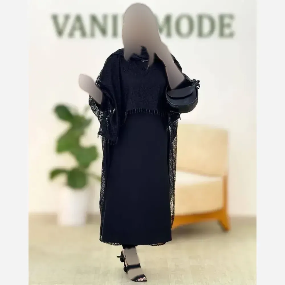 ست دوتیکه مجلسی زنانه مدل رویال سارافن بوگاتی با رویه دانتل مشکی سایز فری 38 تا 48