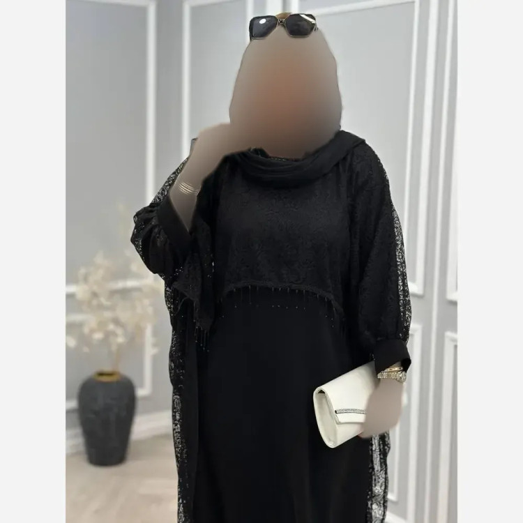 ست دوتیکه مجلسی زنانه مدل رویال سارافن بوگاتی با رویه دانتل مشکی سایز فری 38 تا 48