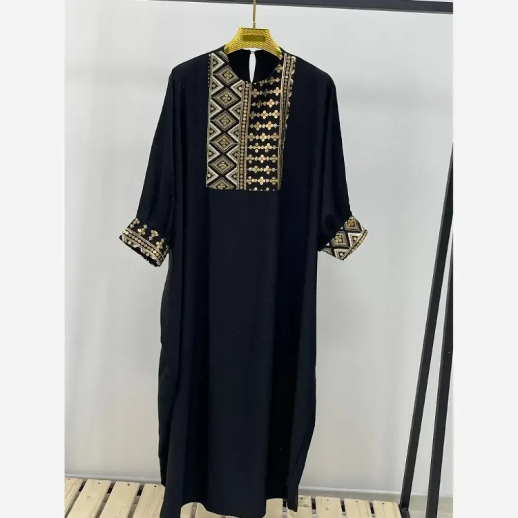 کفتان زنانه مشکی مدل مانا جنس الیزه نگینکاری شده فری سایز 40 تا 50 (2)