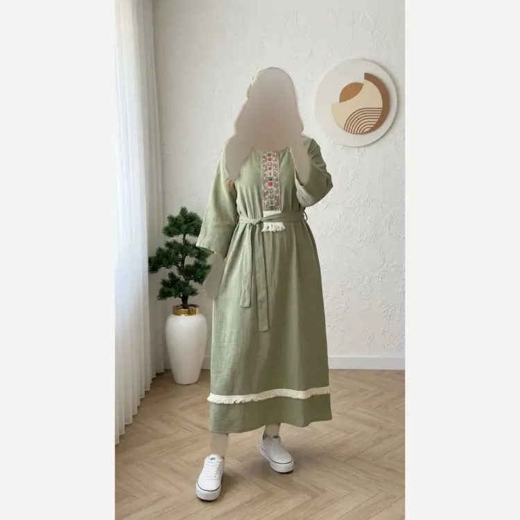 کفتان زنانه نوار کنفی جنس موسلین دبل فیس فری سایز تا 48 (2)