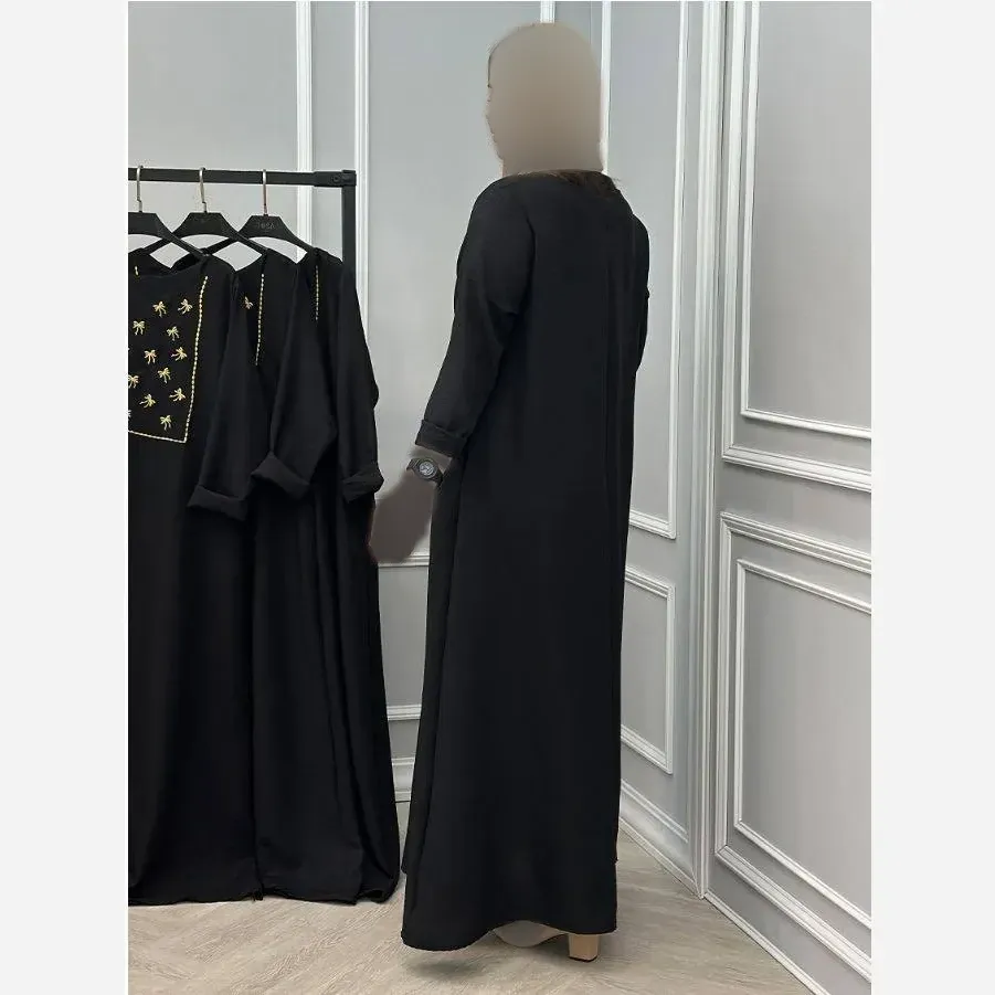 عبا زنانه مدل پاپیونی گلدوزی شده جنس شانتون رنگ مشکی سایز 38 تا 48