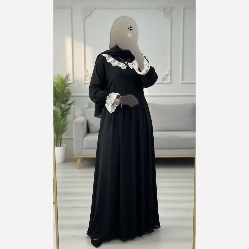 عبا زنانه یقه گیپور جنس الیزه مشکی فری سایز