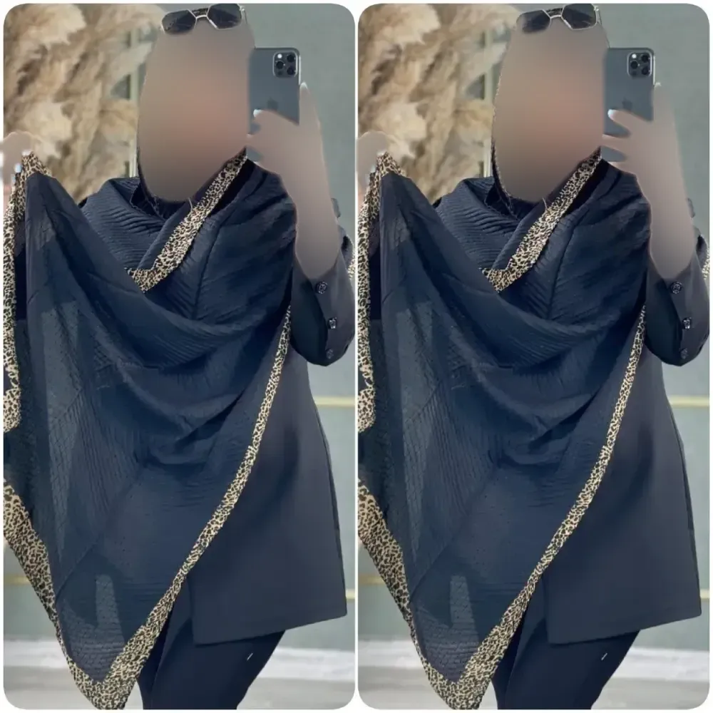 شال حاشیه پلنگی مشکی جنس پلیسه ریز ابعاد 60 در 180 سانتیمتر