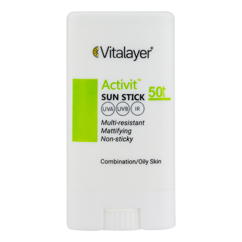 استیک ضد آفتاب بیرنگ صورت ویتالیر SPF 50 مدل اکتیویت محافظ در برابر اشعه UVA و UVB مناسب برای پوست چرب و مختلط حجم 20 میلیلیتر