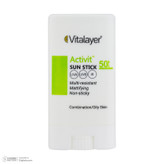 استیک ضد آفتاب بیرنگ صورت ویتالیر SPF 50 مدل اکتیویت محافظ در برابر اشعه UVA و UVB مناسب برای پوست چرب و مختلط حجم 20 میلیلیتر