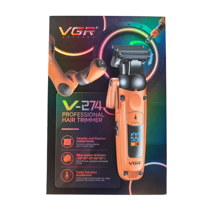 ماشین اصلاح حجم زن سر و صورت وی جی آر با تیغه تیتانیوم و نمایشگر LED خط زن مدل V-274 ورژن جدید 274 ( گناوه مارکت )