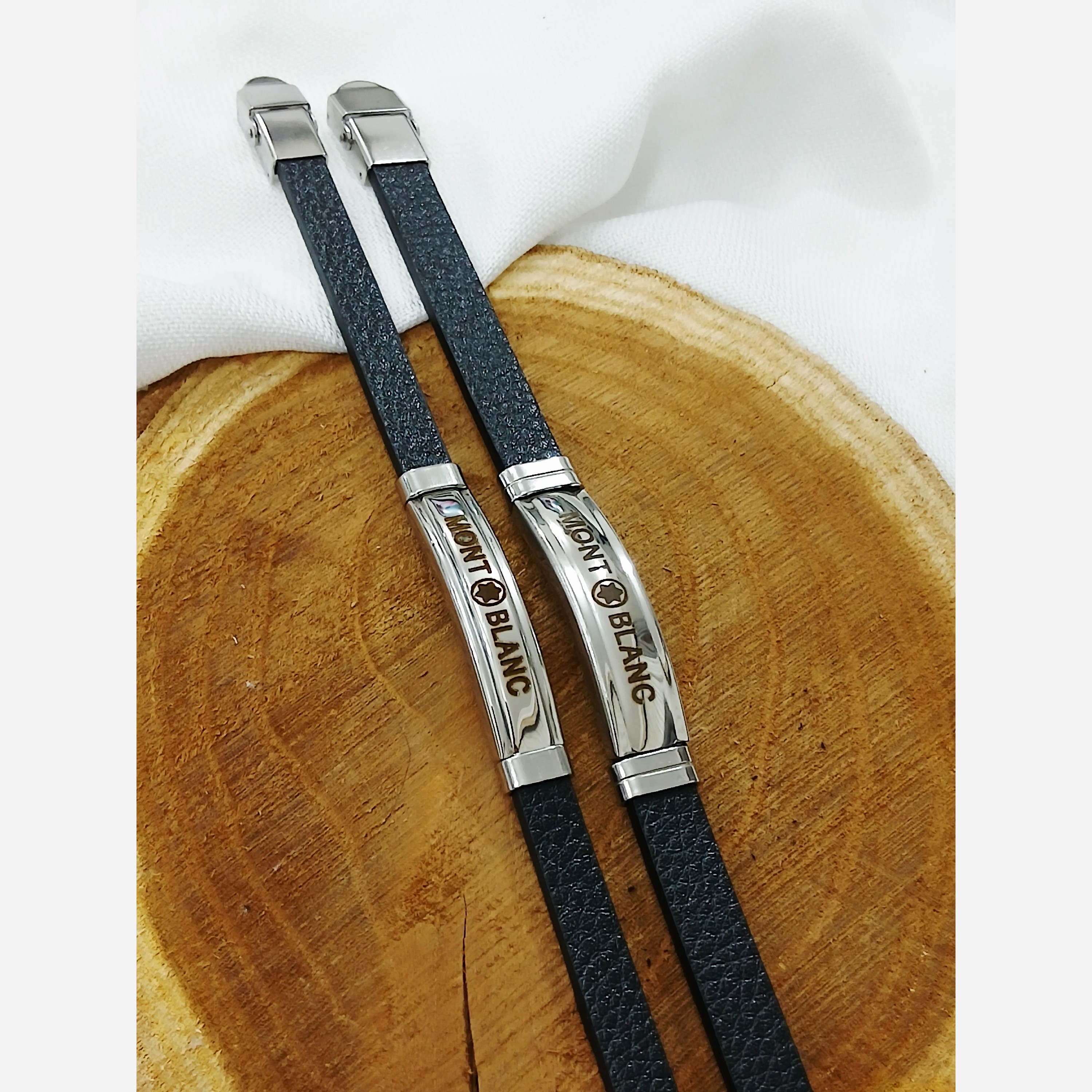 دستبند ست چرمی یراق استیل نقره ای مونت مارک