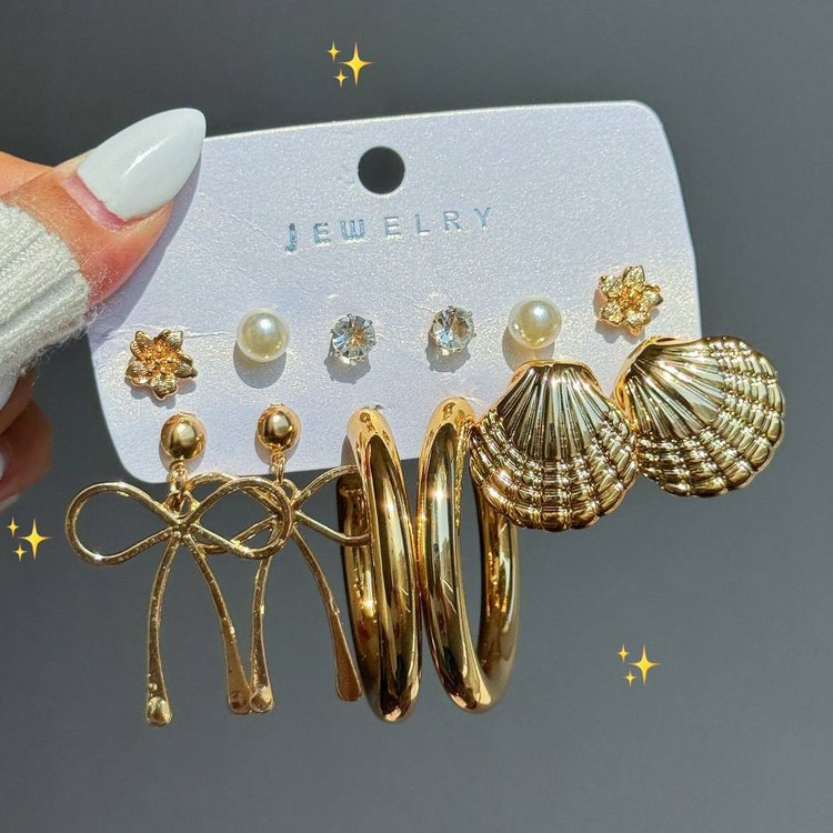 پک گوشواره طلایی گل و پاپیون و صدف 6 جفتی