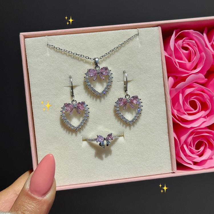 ست پاپیون نگین دار صورتی