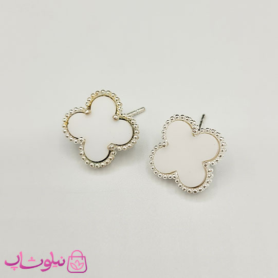 گوشواره میخی دخترانه سفید طرح ونکلیف آبکاری نقره کیفیت مستر کد 300