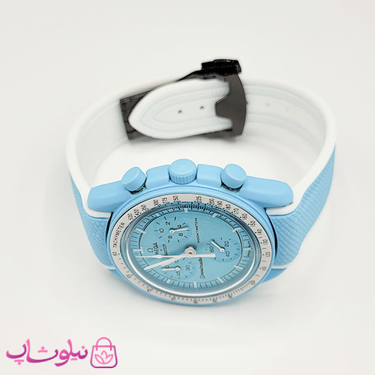 ساعت امگا سواچ moonswatch با بند رابر زنانه مردانه رنگ آبی سفید کیفیت مستر کد 3750