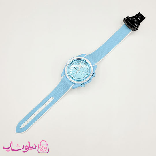 ساعت امگا سواچ moonswatch با بند رابر زنانه مردانه رنگ آبی سفید کیفیت مستر کد 3750