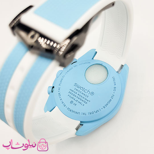 ساعت امگا سواچ moonswatch با بند رابر زنانه مردانه رنگ آبی سفید کیفیت مستر کد 3750