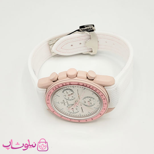 ساعت امگا سواچ moonswatch با بند رابر زنانه رنگ صورتی سفید کیفیت مستر کد 3750