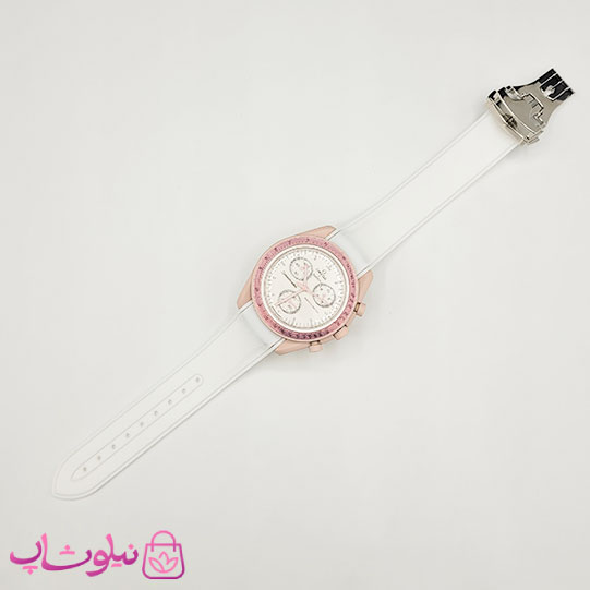 ساعت امگا سواچ moonswatch با بند رابر زنانه رنگ صورتی سفید کیفیت مستر کد 3750