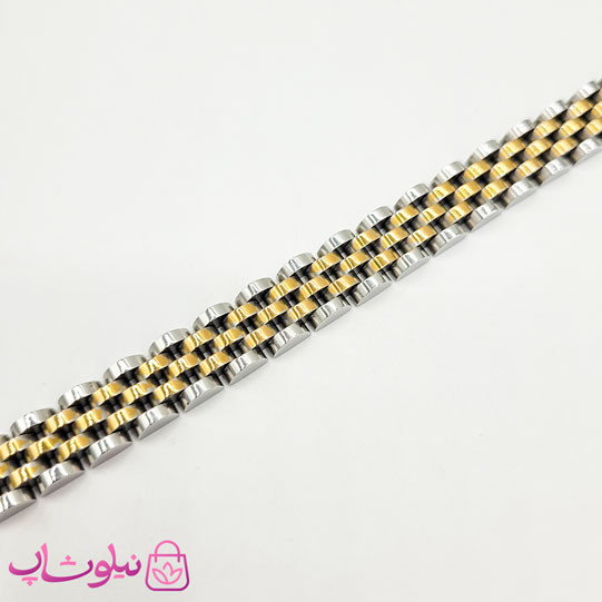 دستبند مردانه زنانه استیل طرح رولکس دو رنگ طلایی نقره ای کد 750
